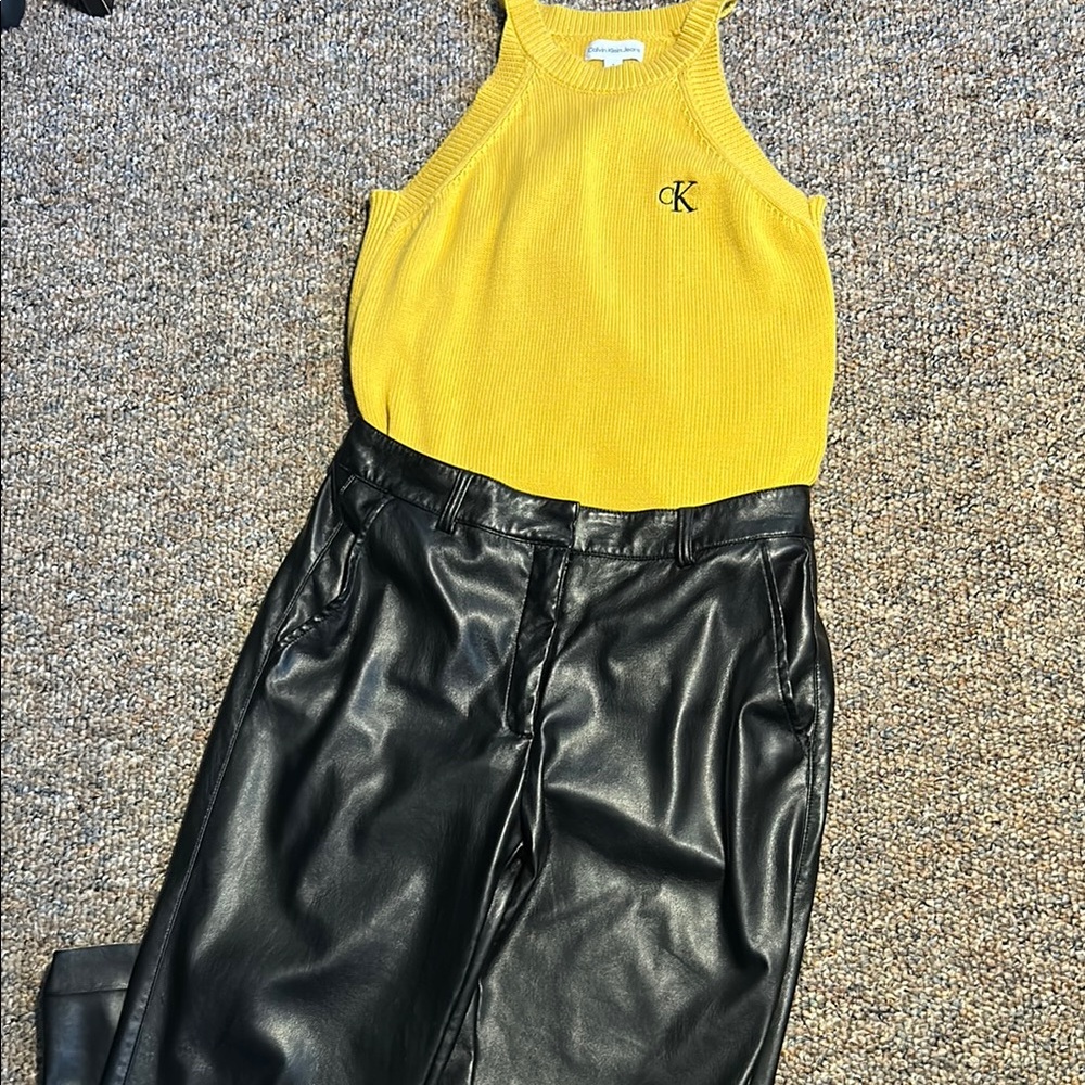 Calvin Klein Yellow Top and Black Leather Pants